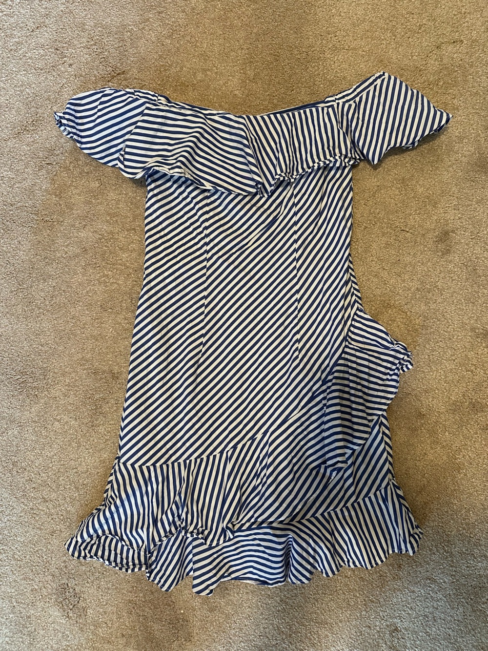Striped Off-Shoulder Mini Dress in Blue and White